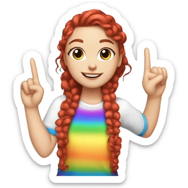 a white girl with long red curly hair in a pony tail with rainbow shirt does peace sign wearing cat ears one black other white sticker