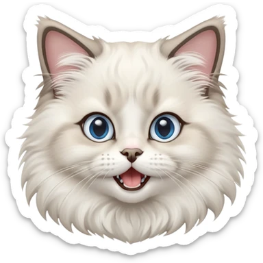 cinematic-adorable-big-eyed-fluffy-ragdoll-cat-portrait-emoji,-head-tilted-playfully-with-a-cute,-yawn,-white and grey fur,-simplified-yet-irresistibly-cute-features, blue eyes sticker