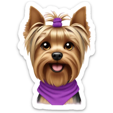 the face of a  Yorkshire Terrier  with a baby face with a ponytail on its head with a purple elastic band and pink short  sticker
