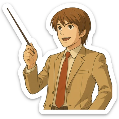 Change the angle of the teacher's stick so Light Yagami is pointing diagonally upward to the right, confident expression, Ghibli style, transparent background. sticker