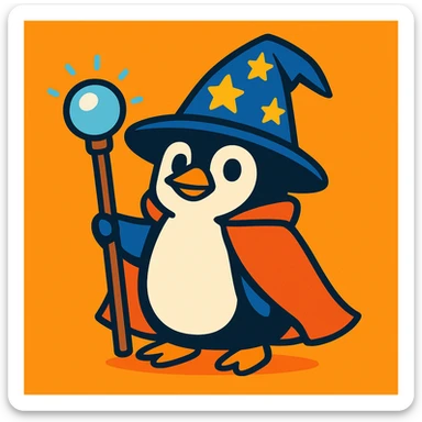a penguin dressed as a wizard, with a pointy hat and a magic staff, in a fun and whimsical style sticker
