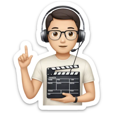 Korean male movie director wear headset, tsirts who holds a movie slate sticker