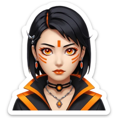 Cyberpunk Japanese woman, mid-50s looking young, sharp features, sleek black hair, glowing orange eyes, expensive tech jewelry, vengeful expression, neon highlights, dark background. sticker