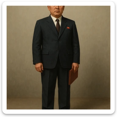 Official portrait of a North Korean man, head of the hull production workshop at a shipyard, serious and formal style, dark suit, neutral background, confident and focused expression, style inspired by Soviet and North Korean official portraits, full body, not cropped, head not cut off, head and feet fully in frame sticker