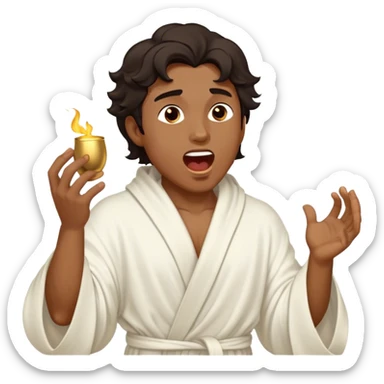 Cinematic Realistic Hercules Portrait, head tilted slightly with a dramatic, wide-open yawn, revealing a moment of relaxed, unguarded strength. His bronze, sculptural skin and thick, wavy dark hair retain their classical beauty even in repose. Draped in a gracefully flowing white robe with subtle golden details, the portrait is bathed in soft natural lighting, capturing a tender glimpse of vulnerability from a timeless Greek hero. sticker