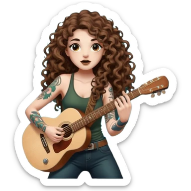 woman with long curly brown hair, brown eyes, white skin, tattoos, blowing glowing forest spores like stage smoke after a guitar solo sticker