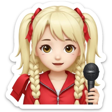 Cute kawaii emoji-style Japanese K-pop singer girl, long platinum blonde hair in twin tails, red outfit, holding a microphone, Japanese K-pop idol vibes, big sparkling eyes, chibi proportions, clean lineart, pastel colors, cheerful idol smile, sticker/emoji style, transparent background sticker