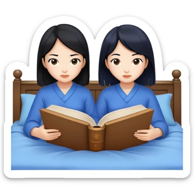 two asian girls black hair on the bed reading blue books sticker