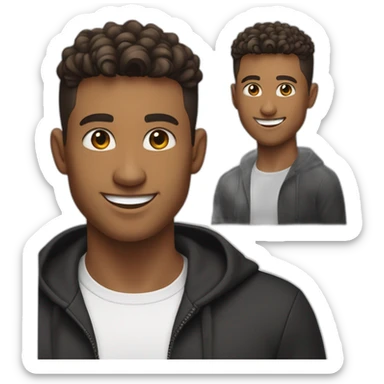 Smiling guy, barber fade haircut, wearing a black quarter zip sweater with white tee shirt under, tan skin tone, working on a MacBook Air sticker
