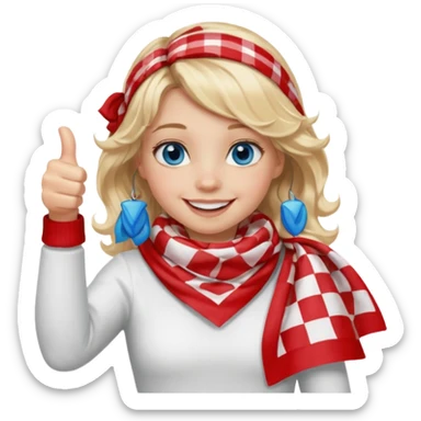 Blonde Girl, Blue Eyes, wavy hair, smiling, thumbs up, wearing red Checkered Triangle scarf, white dress sticker