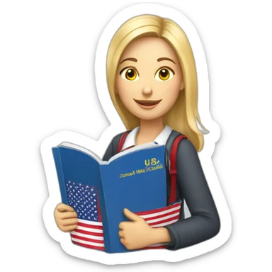 English teacher female with English book with Ukrainian flag  and usa flags sticker