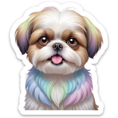 Cinematic Comical Shih Tzu Portrait Emoji, Head cocked with a hilariously exaggerated, shocked expression and twinkling, comically wide eyes, showcasing a fluffy, luxurious fur in soft pastel tones, simplified yet whimsically detailed, glowing with a playful, sassy radiance, high shine, exuding a humorous and cheeky charm, styled with a soft glowing outline, capturing the essence of a Shih Tzu that looks as if it could burst into a fit of playful antics at any moment! sticker