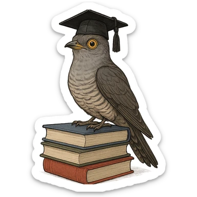a clever bird named Coocoo, perched on a stack of books, with a graduation cap, looking proud and smart sticker