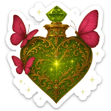 Use the exact bottle as the base: a glowing, crystal, heart-shaped bottle with #c0ff53 green glitter liquid, two pink butterflies, magical dust, and a crystal neck. Add more luxurious details directly onto the bottle—elegant golden filigree, small gemstones, and subtle gold accents—while keeping the original shape, glow, and composition. The style should remain magical, glowing, and impressive. Transparent background (PNG). sticker