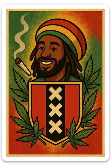 Create a digital illustration of a Rasta man with a friendly expression, wearing a red, gold, and green tam (Rastafarian hat), with dark brown skin and dreadlocks. Place him inside a bold, stylized Amsterdam coat of arms flag. The flag should have red, black, and gold tones with three white Xs in a vertical black stripe in the center. Surround the coat of arms with vibrant green cannabis leaves, a smoking spliff with rising smoke on the left side, and a textured reggae-colored background blending green, gold, and red. The style should be vintage, bold, and clean — like a high-quality reggae poster with modern emoji art flair. sticker
