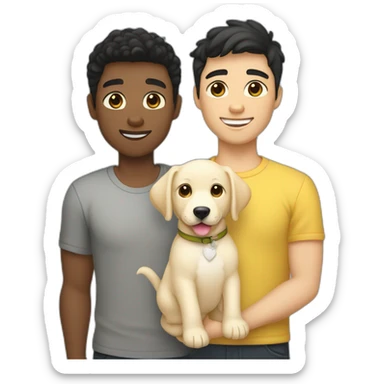 gay couple, 1st man is white straight australian blackhair-slightly-curly and 2nd man is white straight australian blackhair-holding one light yellow labrador retriever puppy sticker