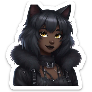 Gorgeous furry gothic dark techwear anime style anthro black cat furry sona with blushing face aesthetic and pretty edgy black with collar and harness trending style sticker