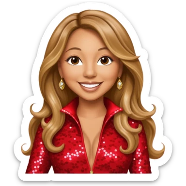 Mariah Carey with long dark blonde hair, red sequin jumpsuit sticker