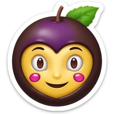 cute emoji-style açaí berry partially dipped in chocolate like a bonbon, deep purple glossy berry, smooth dark chocolate covering bottom half, small green leaf on top, clean glossy playful modern emoji icon style sticker