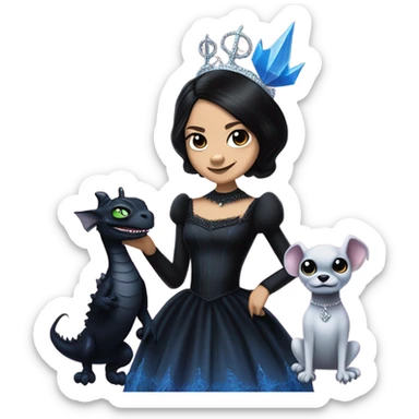 relaxed low-cut slinky black evening ball gown with lace gloves, Jenna Ortega as Wednesday Addams wearing a mini diamond tiara showing off a cute blue horned dragon ventriloquist puppet sticker