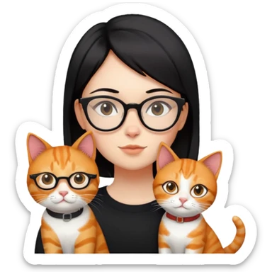 a  girl with glasses  black  straight Short hair and ginger cat. sticker