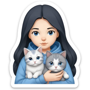 Girl with black hair wearing gray hoodie with a British shorthair blue and white cat and a long-haired blue and white cat sticker