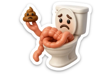 emoji stile iphone di un intestino realistico 3d che esce dal wc con in mano una montagnetta di feci con espressione triste a palline, iperrealistico 4k sticker