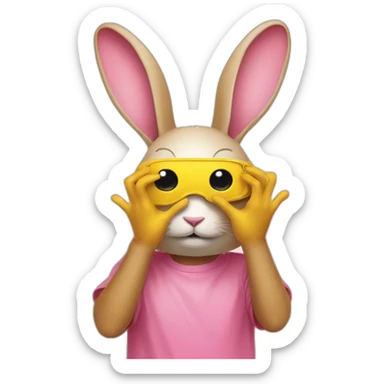 rabbit pink hands over eyes, wears teeshirt yellow sticker