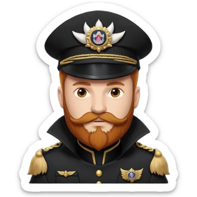 An auburn-hair'ed admiral with a flawless bear and mustache wearing a black admiral outfit and hat with Wolf Ears coming out of the hat, and 9 tails behind him, with the admiral black shirt featuring on the left breast pocket the insignia of Helldivers 2 sticker