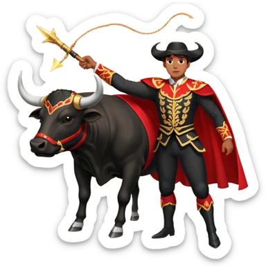 Create a realistic image of a traditional bullfighting scene in a Spanish arena.
Show a bullfighter (matador) HOLDING a red cape (muleta) not wearing one. as a powerful black bull charges toward it. sticker