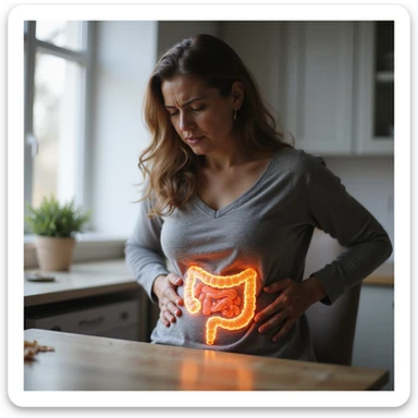 adult woman, photorealistic, intestinal problems, sitting at table with hands on abdomen, intestine illustrated in transparency, painful expression, natural light, kitchen background sticker