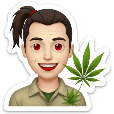 A white man with dark brown hair in a ponytail, oversized bloodshot eyes, grinning, weed smoker  sticker