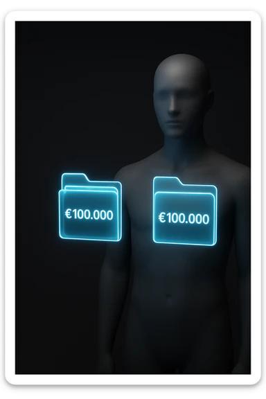 Two glowing transparent digital portfolios (futuristic floating folders) hovering in front of a mannequin. Each labeled with €100,000. Minimal dark background with left side empty for text overlay. sticker