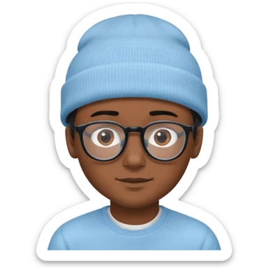 A boy or man emoji with medium-dark skin, wearing a light blue beanie and black-framed glasses, with brown eyes, dark eyebrows, a small nose, and a subtle smile on a clean-shaven face. sticker