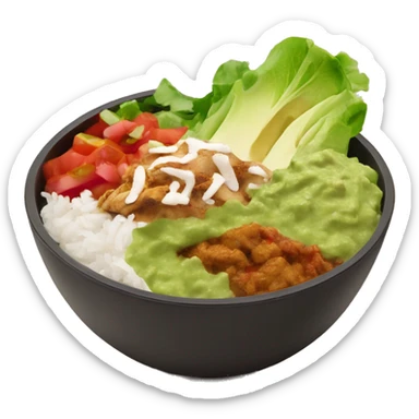 Chipotle bowl with lettuce, chicken, white rice, guacamole, salsa, peppers sticker