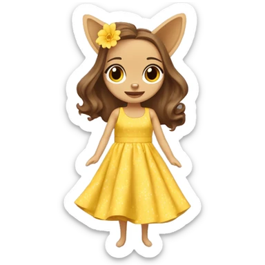 crea a una persona de cabello largo castaño, test blanca en un parque lleno de flores, que ella luzca con vestido amarillo y al lado tenga su mascota una chihuahua con un vestido amarillo también, las dos deben verse paseando en el parque  sticker