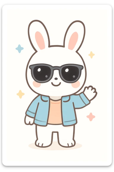 conejo blanco kawaii de pie, con lentes oscuros estilo RayBan, ropa cool como chaqueta y camiseta, sin zapatos, dando la bienvenida con una expresión amigable sticker