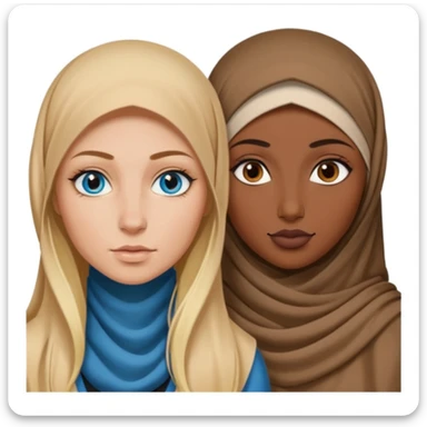 white girl with long blonde hair, blue eyes, tattoos, a septum nose piercing next to a dark skinned woman in a hijab with brown eyes sticker
