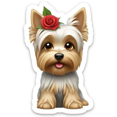 White yorkie holding a rose sticker