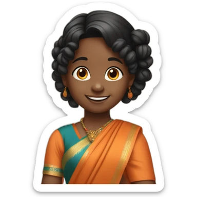 smiling and pointing 3 years old dark skin indian girl with black curly hair in pigtails wearing a orange saree sticker