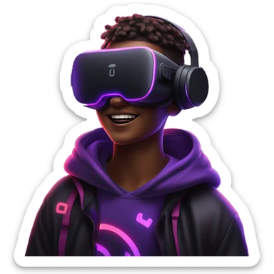 Happy student wearing a black hoodie with "OMG" letters on it and VR headset oculus quest 2 in a cyberpunk VR environment with violet neon lighting. sticker
