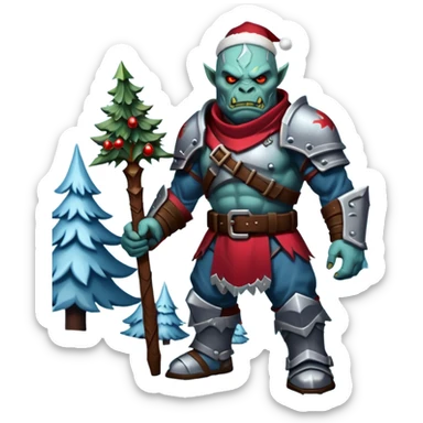 
Fantasy Christmas orc legion soldier icon, iron tundra army theme, heavy winter armor, disciplined brutal look, icy blue steel armor with deep crimson accents, frozen metal texture, cold winter atmosphere, clean readable emoji style
 sticker
