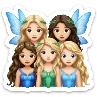 Three women as pretty fairies with wings, brown eyed light skin with dark blonde long hair and Brown eyed light skin black long wavy hair and blue eyed light skin long blonde hair sticker