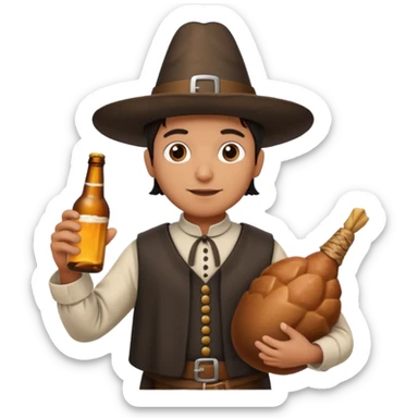 Mexican mandressesd as  pilgram Thanksgiving holding a Turkey drumstick and a bottle beer sticker
