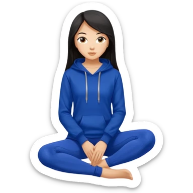 A pretty white/asian tanned girl with medium long strait dark brown almost black hair wearing a royal blue hoodie and black leggings  sticker