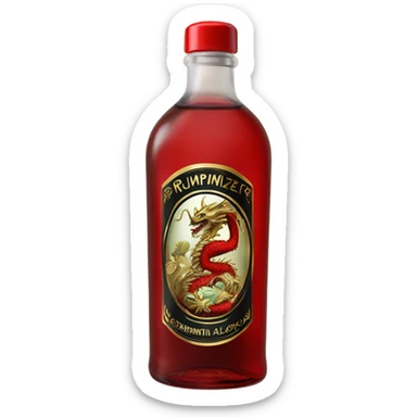 clear bottle of rumpleminze peppermint alcohol with a black and red label that has a gold dragon on the label sticker