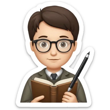 writer holding pen and book, wearing glasses sticker