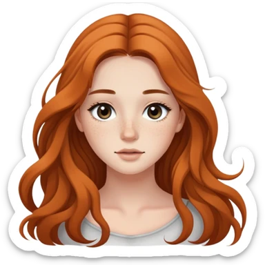 young woman with flowing long hair, dark black eyes, natural makeup, and cute freckles sticker