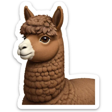 Cinematic Noble Brown Alpaca Portrait Emoji, Poised and regal, with a sturdy, graceful build and a rich, well-groomed brown fleece, deep-set soulful warm eyes, Simplified yet sharp and sophisticated features, highly detailed, glowing with a soft, dignified glow, high shine, intelligent and serene, stylized with an air of pastoral elegance, focused and attentive, soft glowing outline, capturing the essence of a watchful and confident companion, so majestic it feels as though it could stride out of the screen with effortless authority! sticker