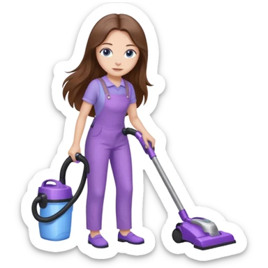 beautiful girl with long brown hair, blue eyes and wearing light purple clothes, cleaning and vacuuming sticker